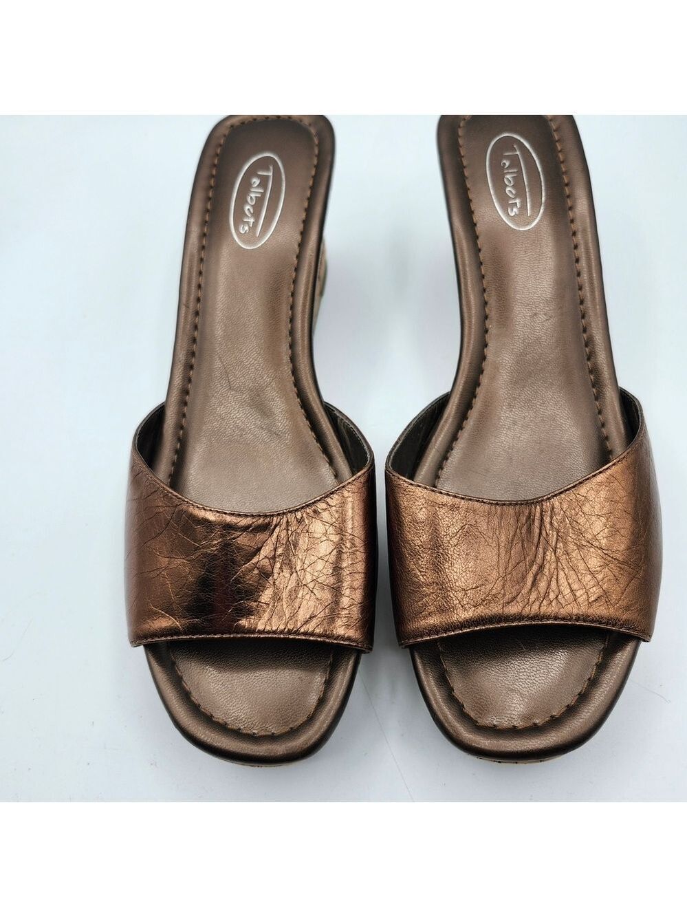 Talbots Bronze Metalic Leather Cork Heel 2.75" Slide Sandals Sz 9b